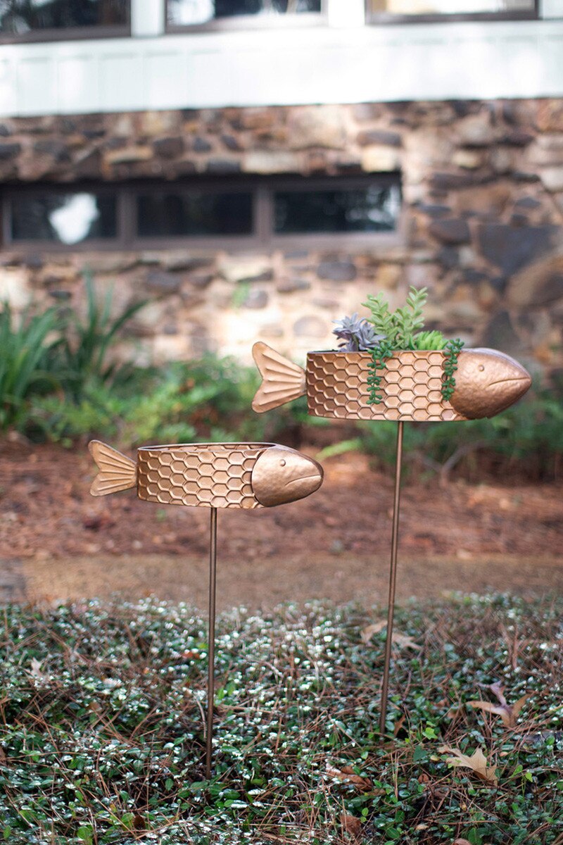 Set Of Two Metal Fish Planter Yard Stakes With Copper Finis (Min 2) By Kalalou | Planters, Troughs & Cachepots | Modishstore - 3