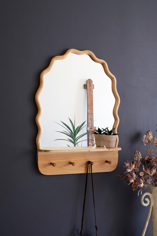 Arched Wooden Squiggle Framed Mirror W Shelf And Coat Hooks By Kalalou | Mirrors | Modishstore