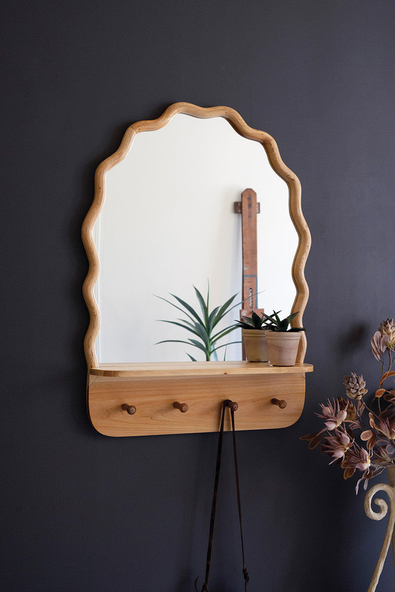 Arched Wooden Squiggle Framed Mirror W Shelf And Coat Hooks By Kalalou | Mirrors | Modishstore - 3