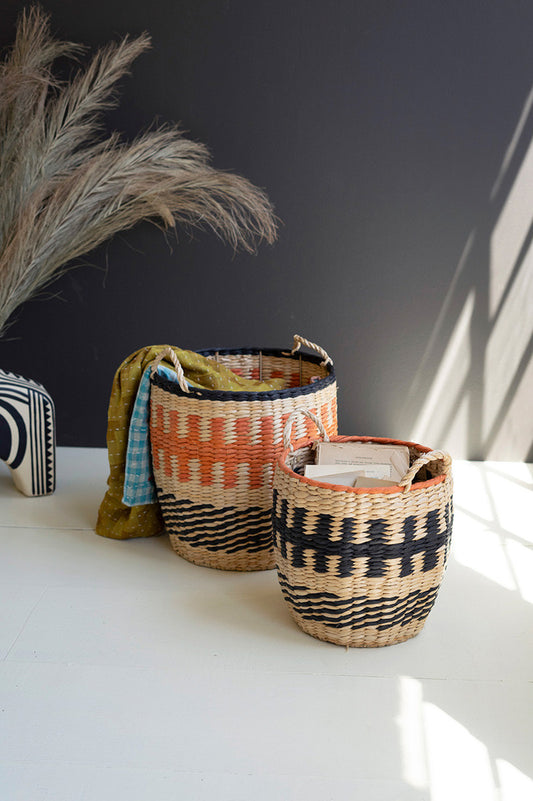 Woven Seagrass Baskets - Burnt Orange And Black Set Of 2 By Kalalou | Bins, Baskets & Buckets | Modishstore