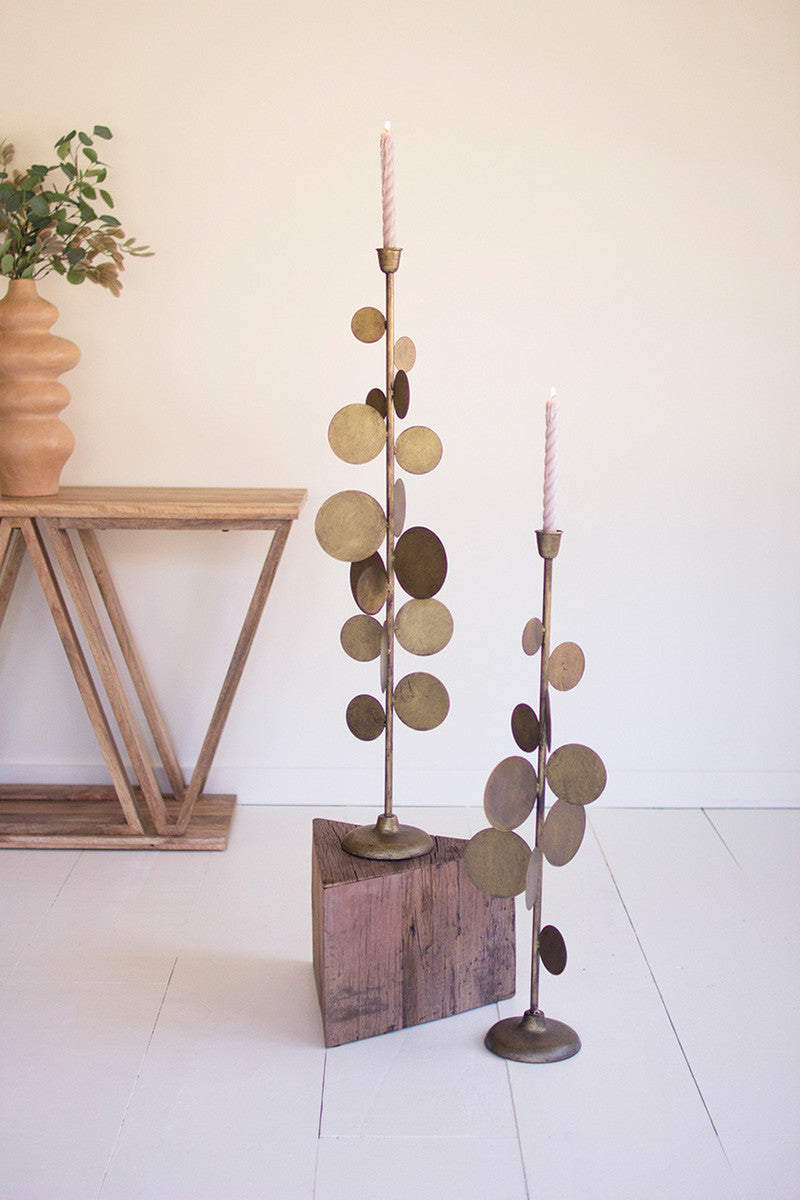 Antique Brass Candle Holders With Round Discs Detail Set Of 2 By Kalalou | Sculptures | Modishstore