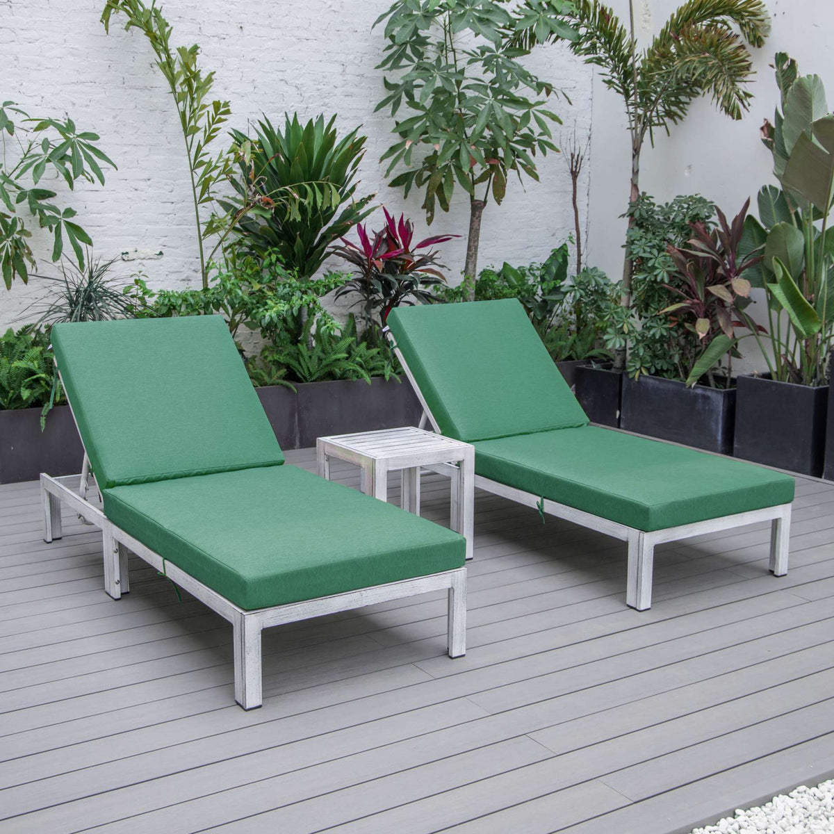 LeisureMod Chelsea Modern Outdoor White Chaise Lounge Chair Set of 2 With Side Table & Cushions | Outdoor Chaise Lounges | Modishstore