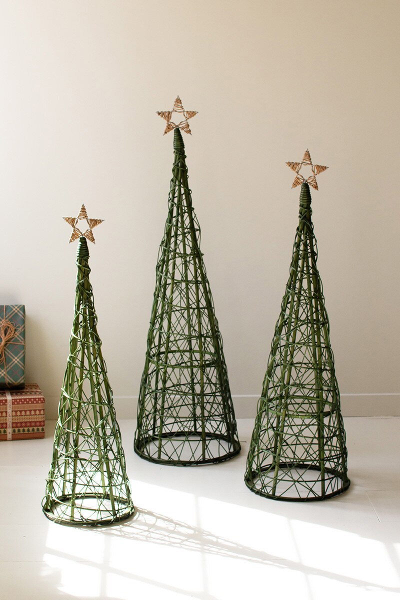 Set Of Three Christmas Topiaries - Green With Natural Star By Kalalou | Christmas Trees | Modishstore - 1