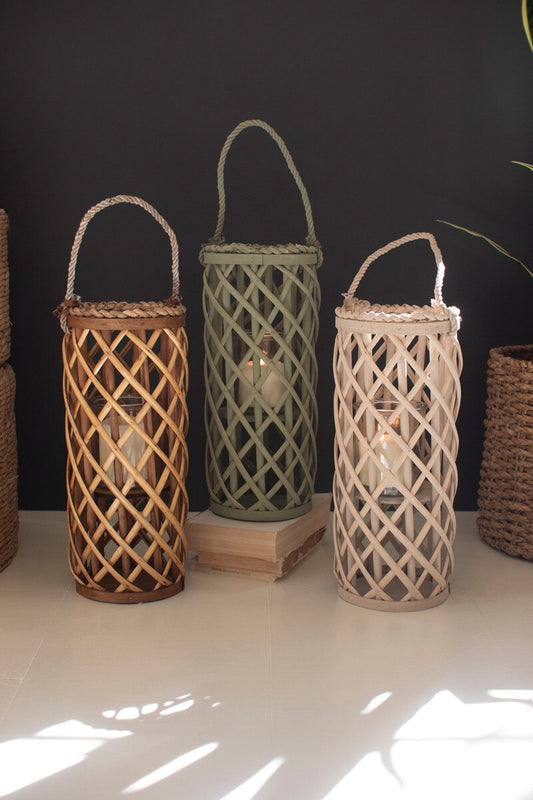 Set Of Three Short Willow Lanterns With Glass Inserts - One Each Color By Kalalou