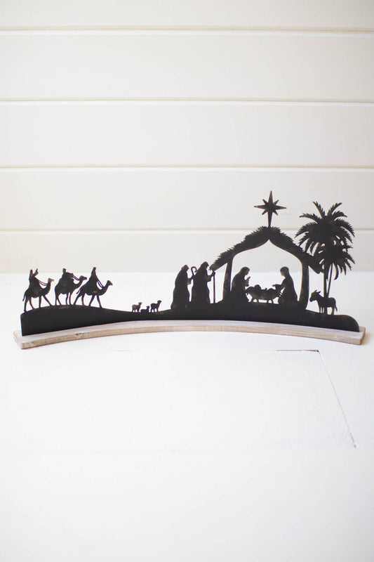 Black Metal Nativity On A Curved White Wood Base (Min 2) By Kalalou | Ornaments | Modishstore