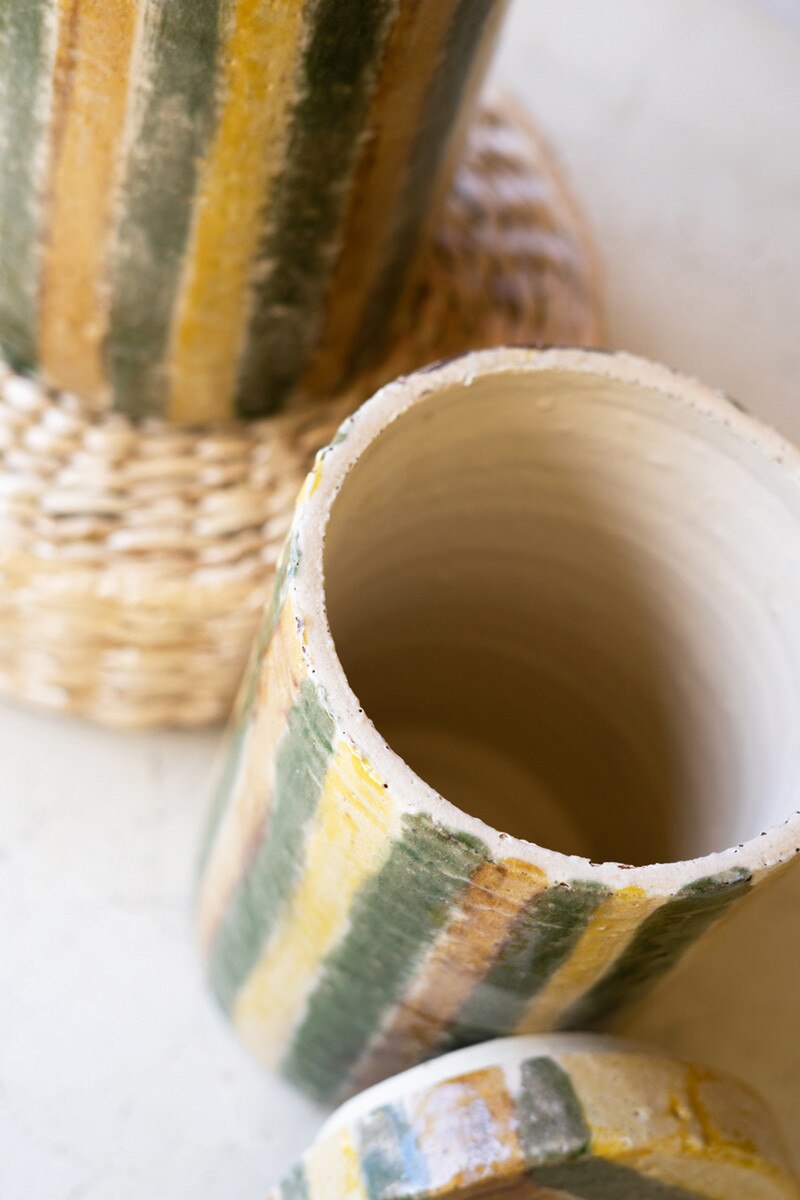 Set Of Two Ceramic Canisters - Olive And Tobacco Stripes By Kalalou | Jars & Canisters | Modishstore - 2