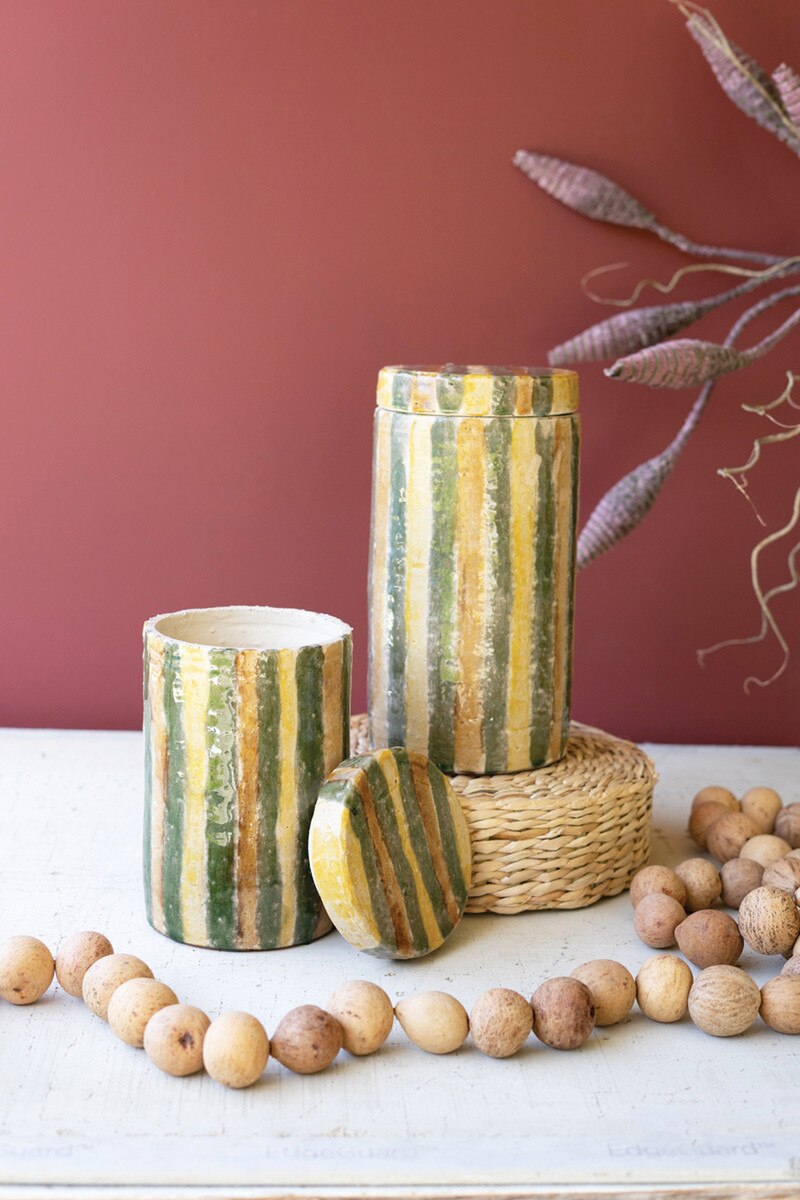 Set Of Two Ceramic Canisters - Olive And Tobacco Stripes By Kalalou | Jars & Canisters | Modishstore - 3