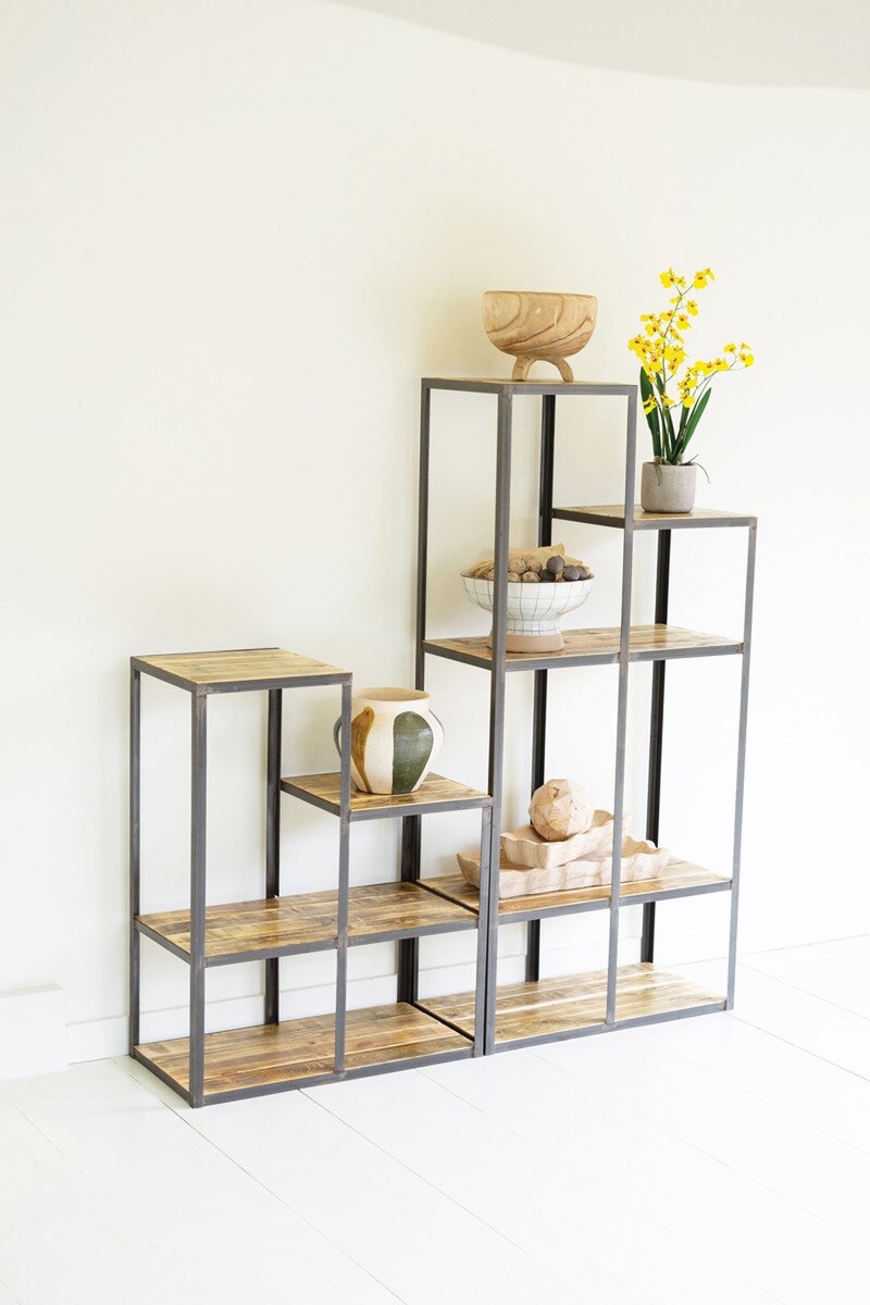Set Of Two Iron And Wood Stair Step Display Shelves By Kalalou | Shelves & Shelving Units | Modishstore - 5