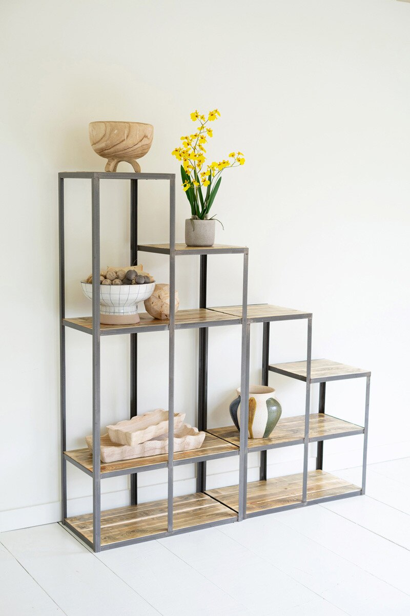 Set Of Two Iron And Wood Stair Step Display Shelves By Kalalou | Shelves & Shelving Units | Modishstore - 2