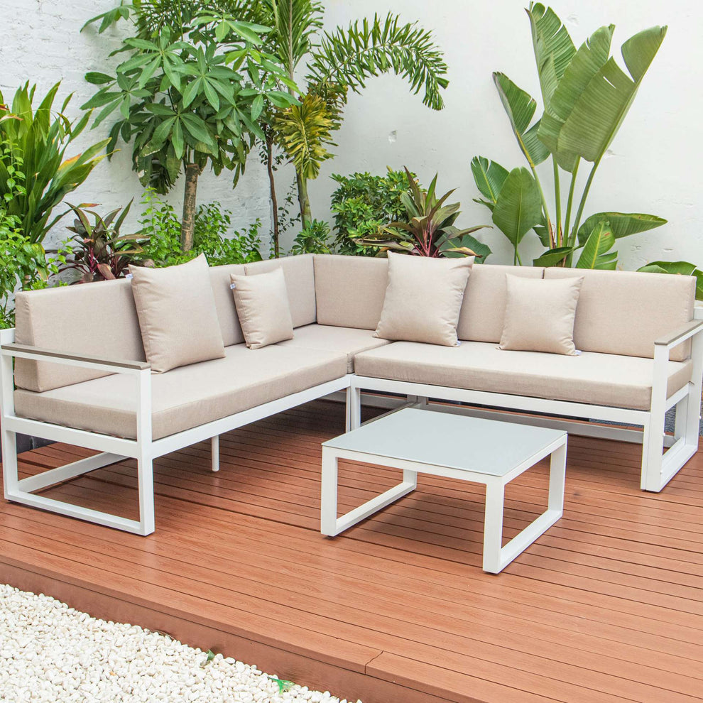LeisureMod Chelsea White Sectional With Adjustable Headrest & Coffee Table With Cushions | Outdoor Sofas, Loveseats & Sectionals | Modishstore