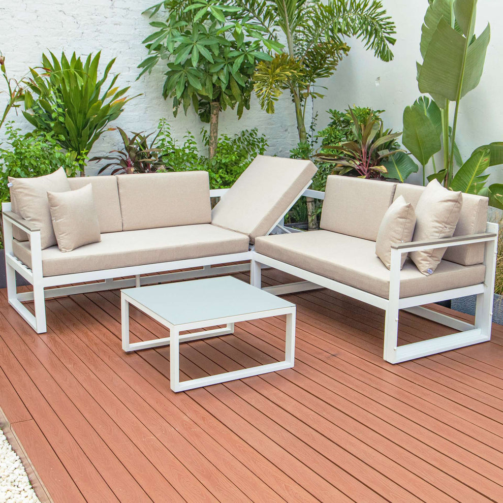 LeisureMod Chelsea White Sectional With Adjustable Headrest & Coffee Table With Cushions | Outdoor Sofas, Loveseats & Sectionals | Modishstore - 3