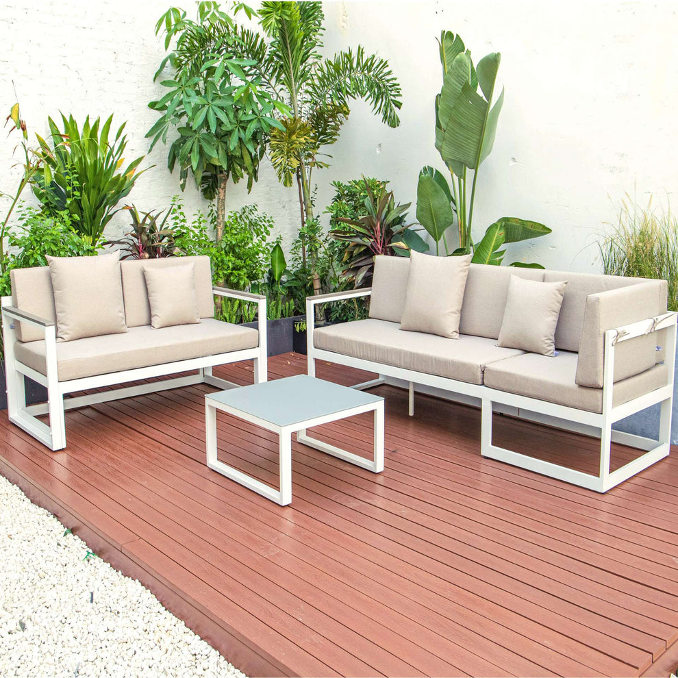 LeisureMod Chelsea White Sectional With Adjustable Headrest & Coffee Table With Cushions | Outdoor Sofas, Loveseats & Sectionals | Modishstore - 4