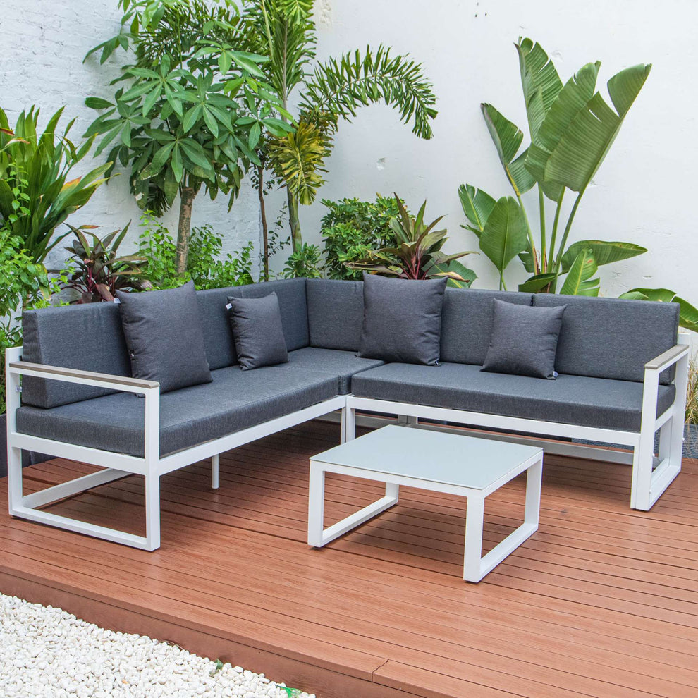LeisureMod Chelsea White Sectional With Adjustable Headrest & Coffee Table With Cushions | Outdoor Sofas, Loveseats & Sectionals | Modishstore - 18