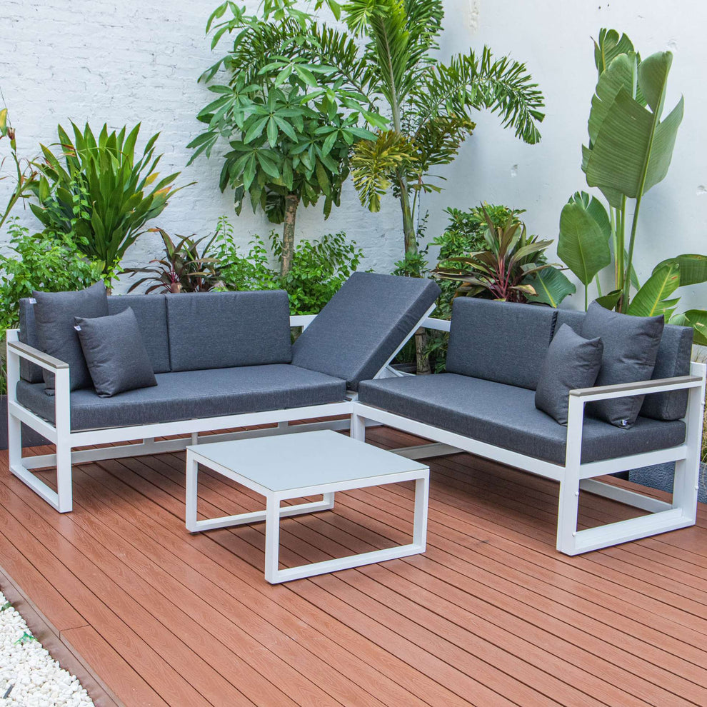 LeisureMod Chelsea White Sectional With Adjustable Headrest & Coffee Table With Cushions | Outdoor Sofas, Loveseats & Sectionals | Modishstore - 19