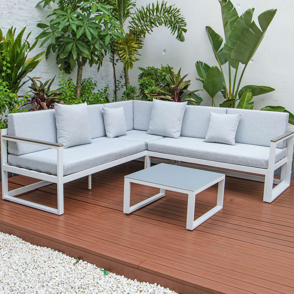 LeisureMod Chelsea White Sectional With Adjustable Headrest & Coffee Table With Cushions | Outdoor Sofas, Loveseats & Sectionals | Modishstore - 51