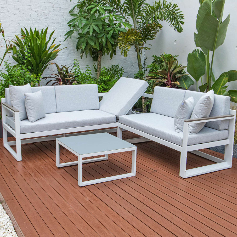 LeisureMod Chelsea White Sectional With Adjustable Headrest & Coffee Table With Cushions | Outdoor Sofas, Loveseats & Sectionals | Modishstore - 50