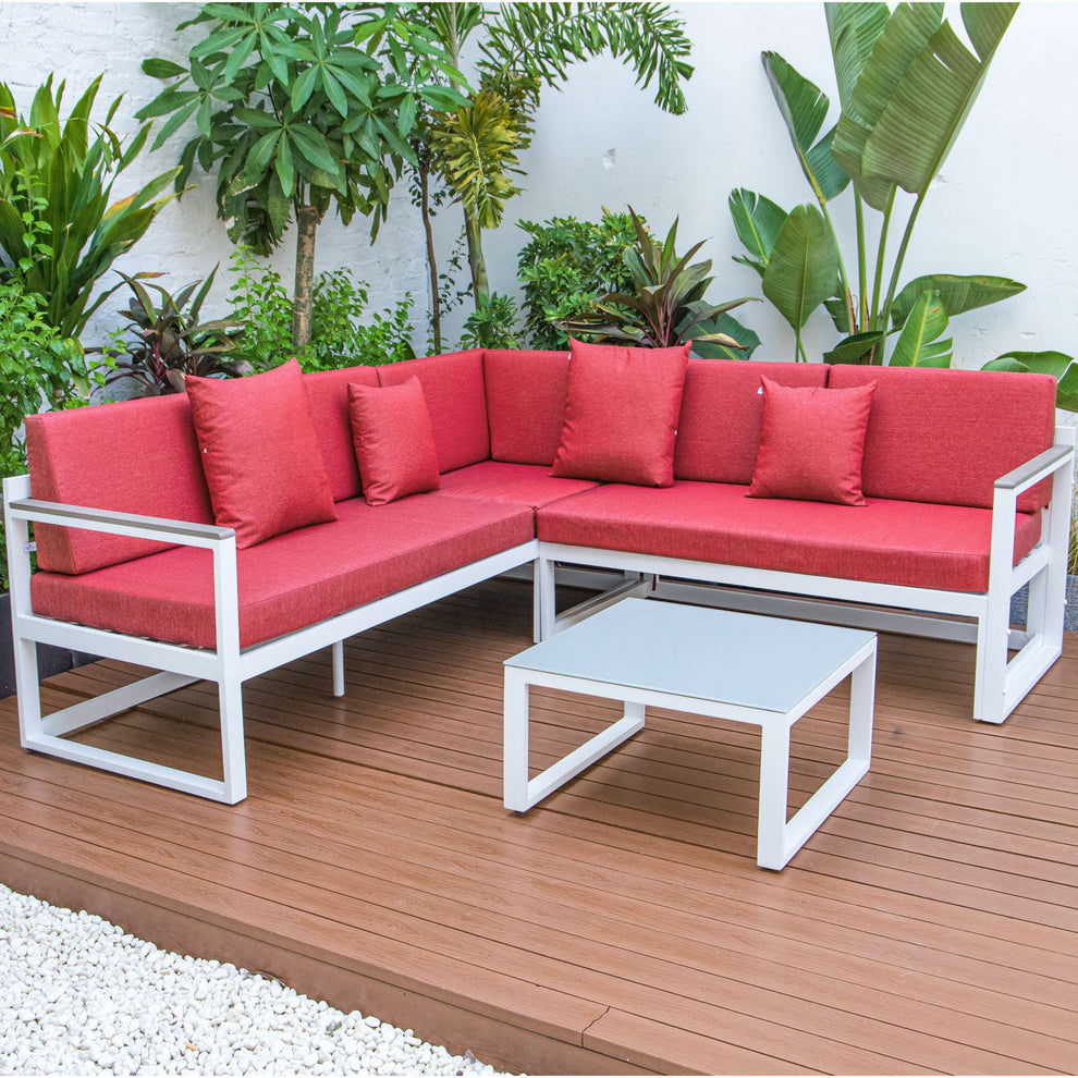 LeisureMod Chelsea White Sectional With Adjustable Headrest & Coffee Table With Cushions | Outdoor Sofas, Loveseats & Sectionals | Modishstore - 67