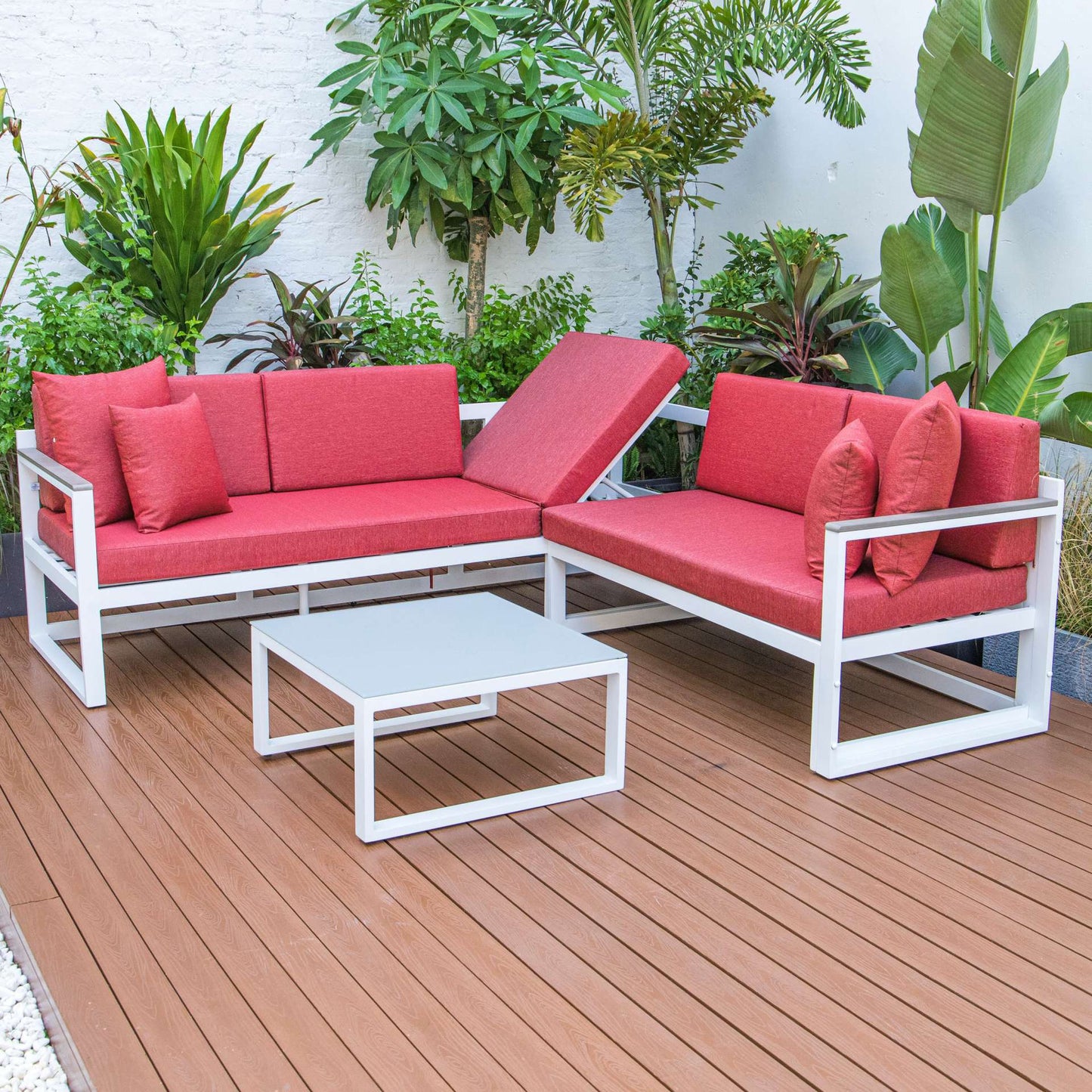 LeisureMod Chelsea White Sectional With Adjustable Headrest & Coffee Table With Cushions | Outdoor Sofas, Loveseats & Sectionals | Modishstore - 66