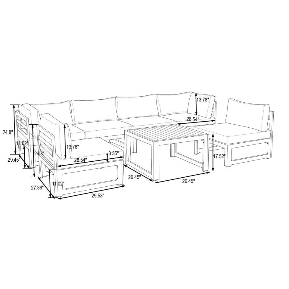LeisureMod Chelsea 7-Piece Patio Sectional And Coffee Table Set Weathered Grey Aluminum With Cushions | Outdoor Sofas, Loveseats & Sectionals | Modishstore - 19
