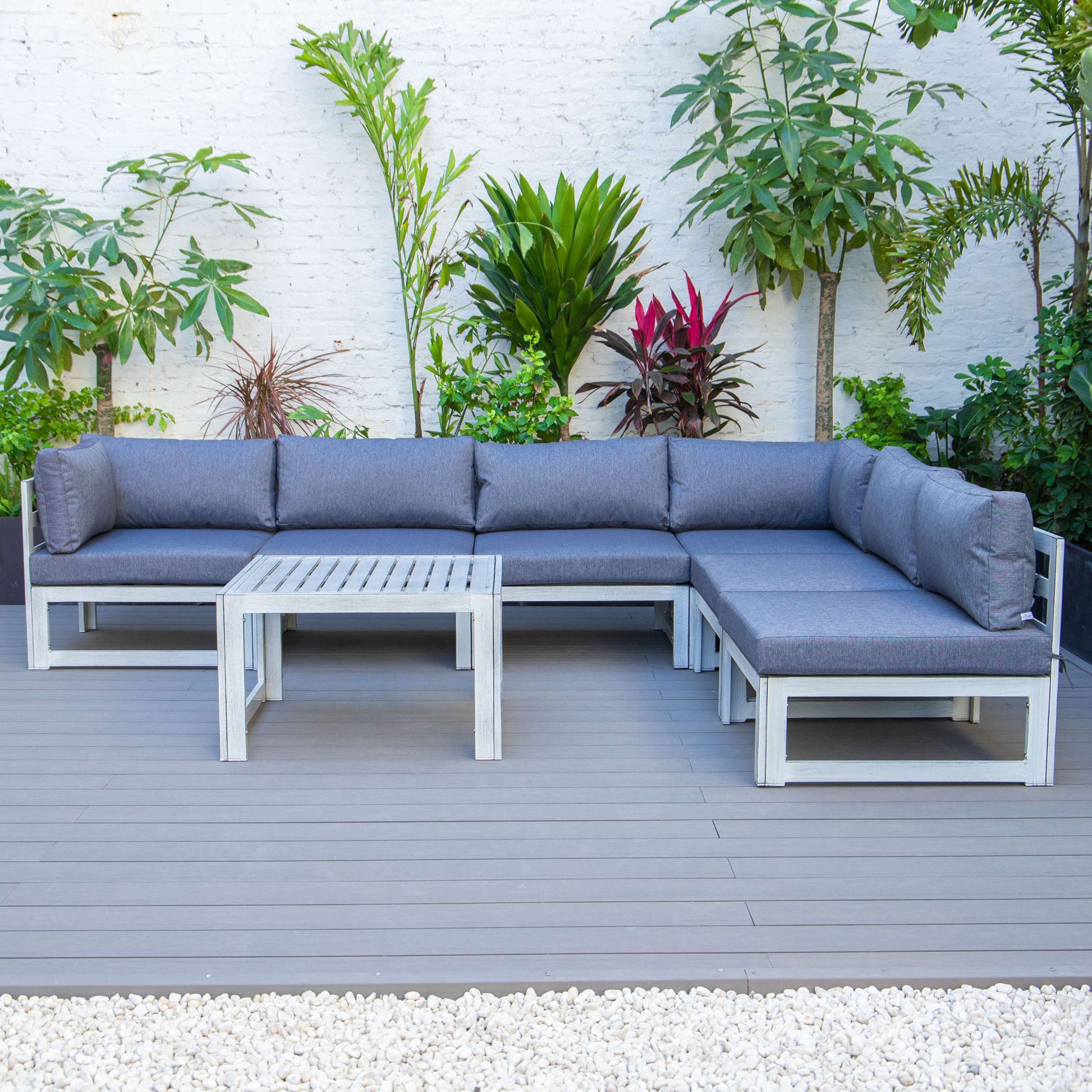 LeisureMod Chelsea 7-Piece Patio Sectional And Coffee Table Set Weathered Grey Aluminum With Cushions | Outdoor Sofas, Loveseats & Sectionals | Modishstore - 21