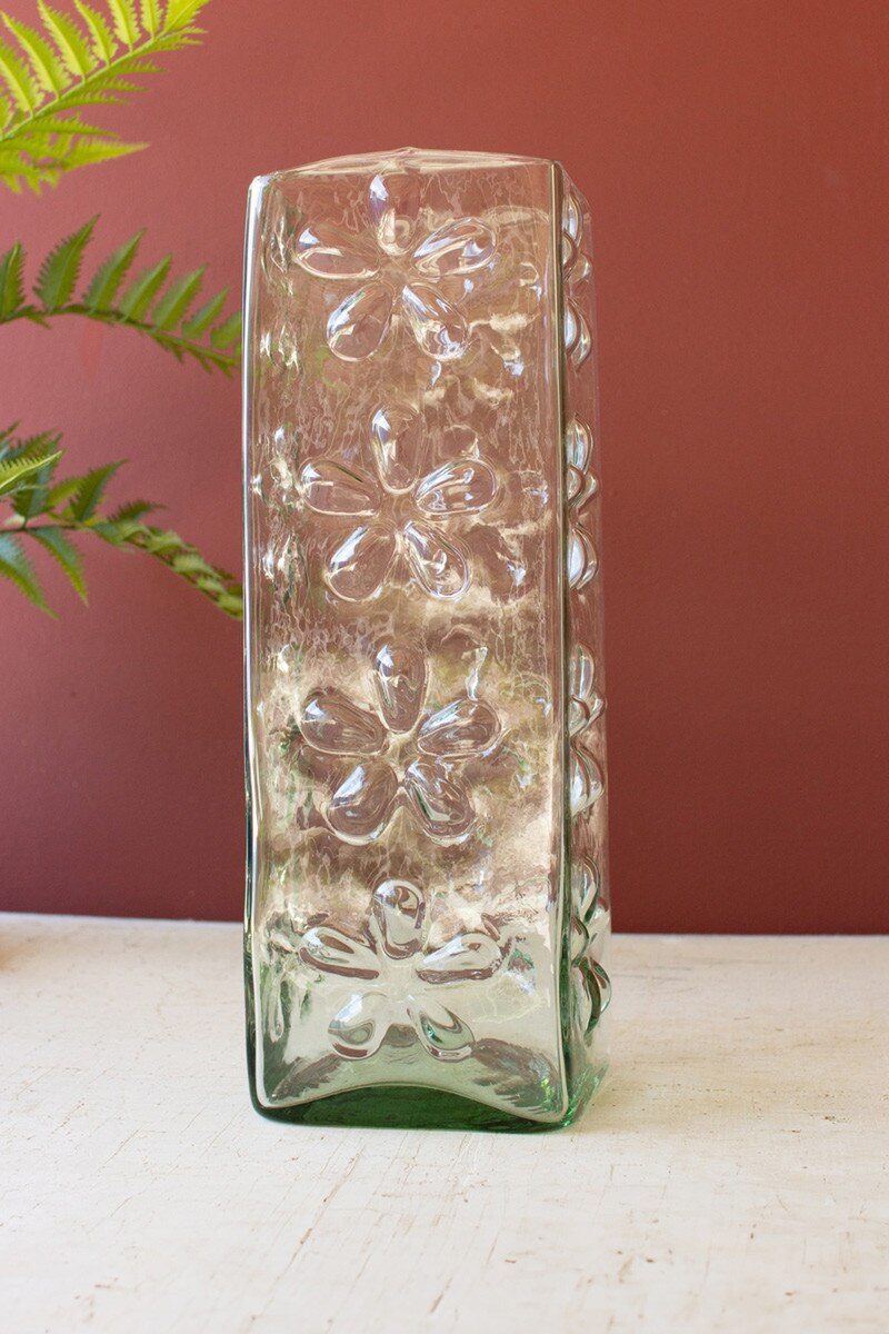 Square Glass Vase With Embossed Flowers (Min 2) By Kalalou | Vases | Modishstore - 4
