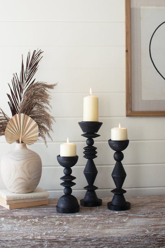 Turned Wood Candle Holders - Black Set Of 3 By Kalalou | Candle Holders | Modishstore