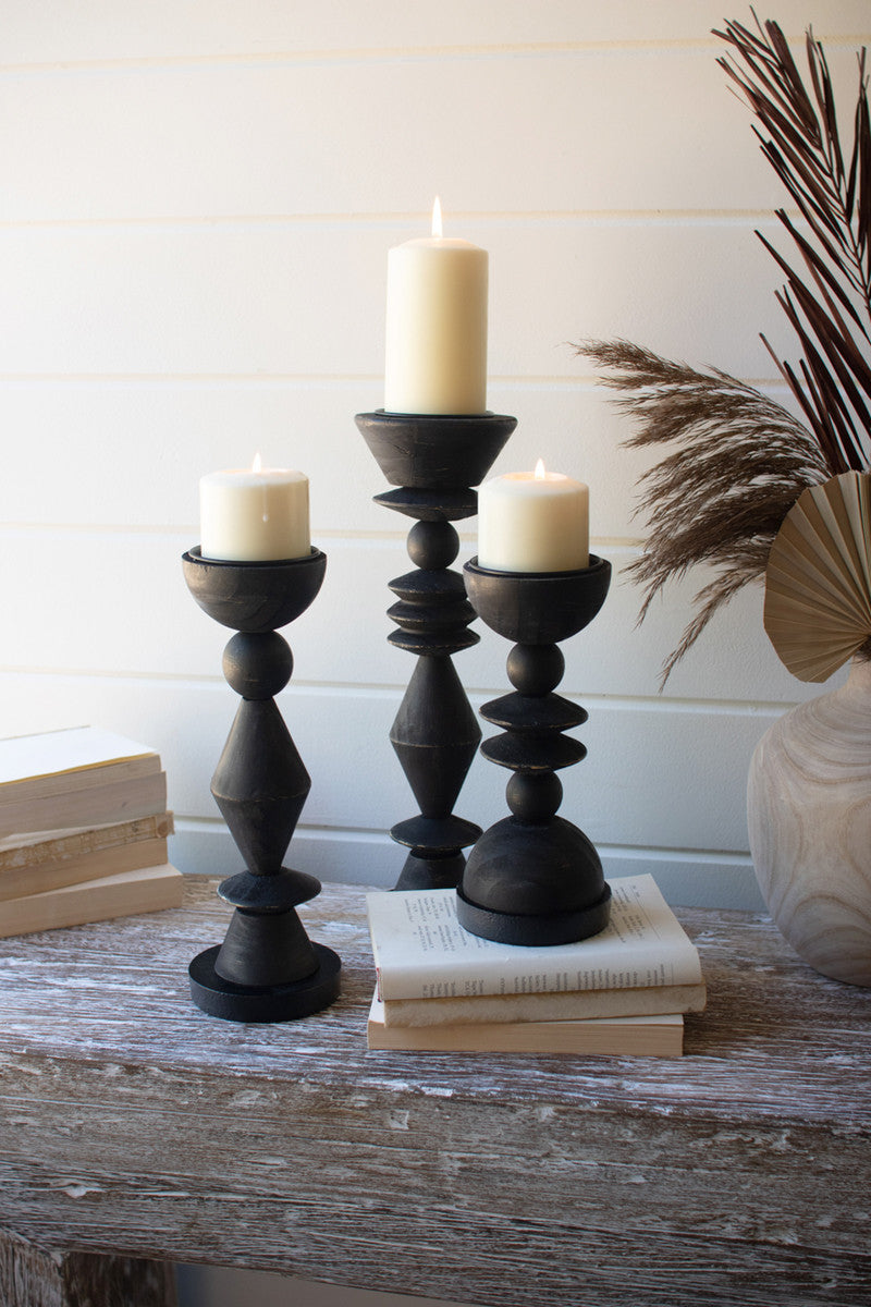 Turned Wood Candle Holders - Black Set Of 3 By Kalalou | Candle Holders | Modishstore - 2