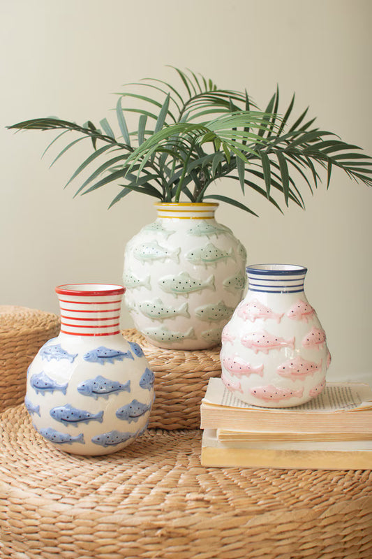 Set Of Two Ceramic Vases With Fish - One Each By Kalalou