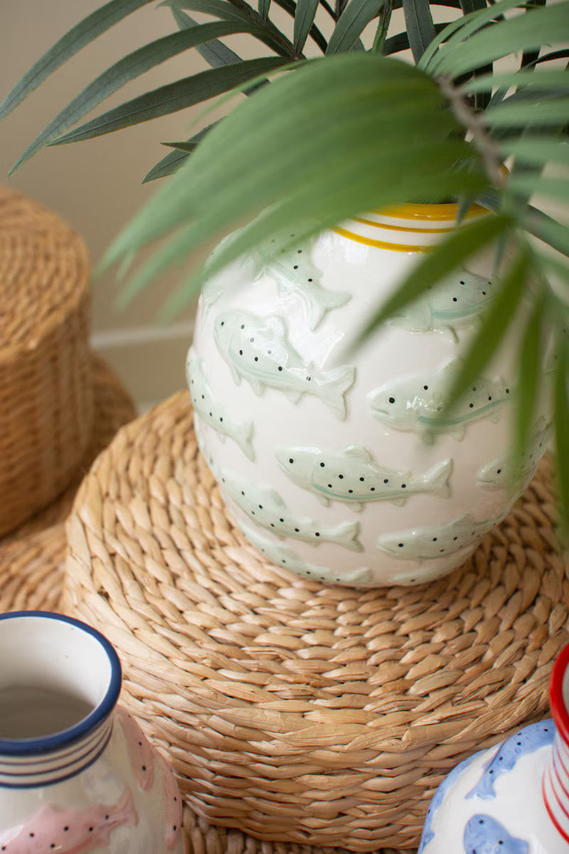 Set Of Two Ceramic Vases With Fish - One Each By Kalalou