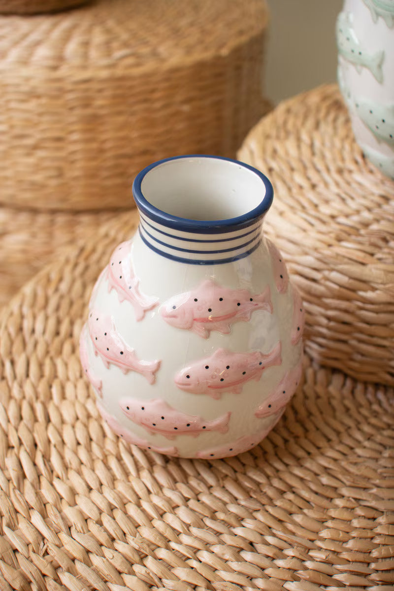 Set Of Two Ceramic Vases With Fish - One Each By Kalalou
