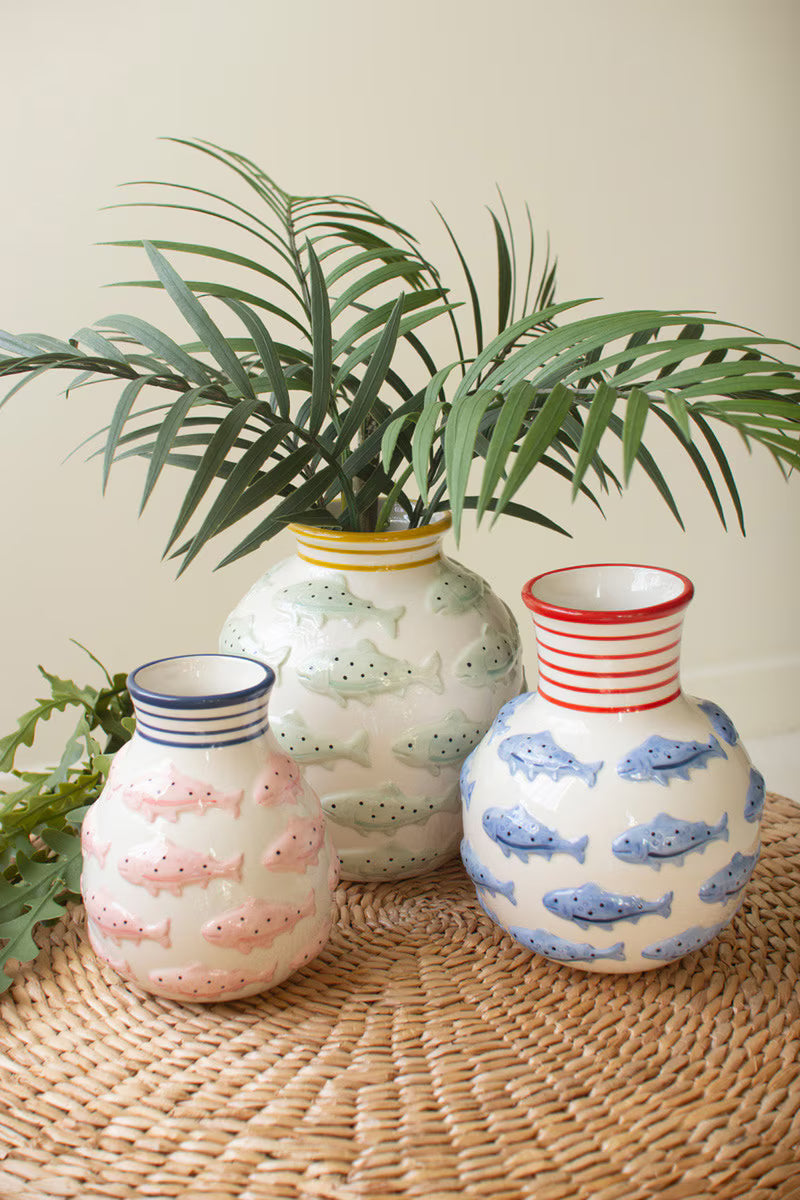 Set Of Two Ceramic Vases With Fish - One Each By Kalalou