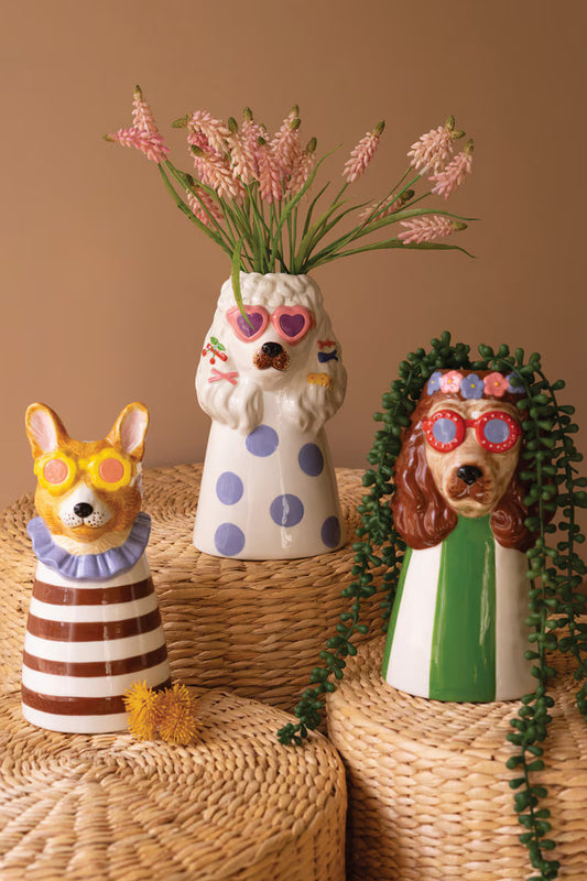Set Of Three Ceramic Dogs With Sun Shades Vases By Kalalou