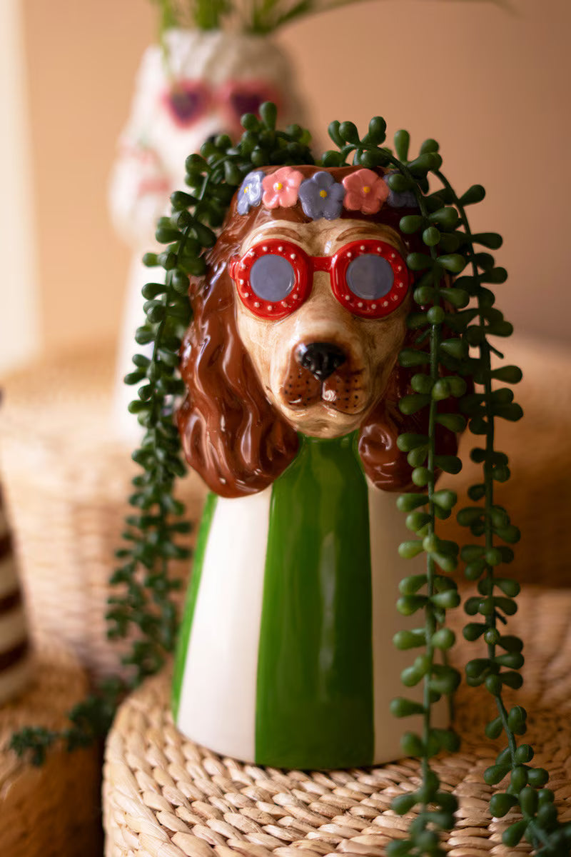 Set Of Three Ceramic Dogs With Sun Shades Vases By Kalalou