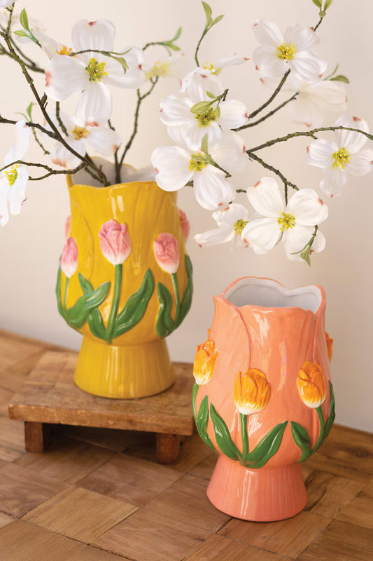 Set Of Two Ceramic Tulip Vases By Kalalou