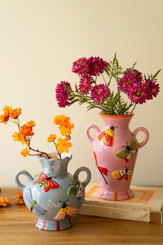 Set Of Two Ceramic Butterfly And Moth Vases By Kalalou