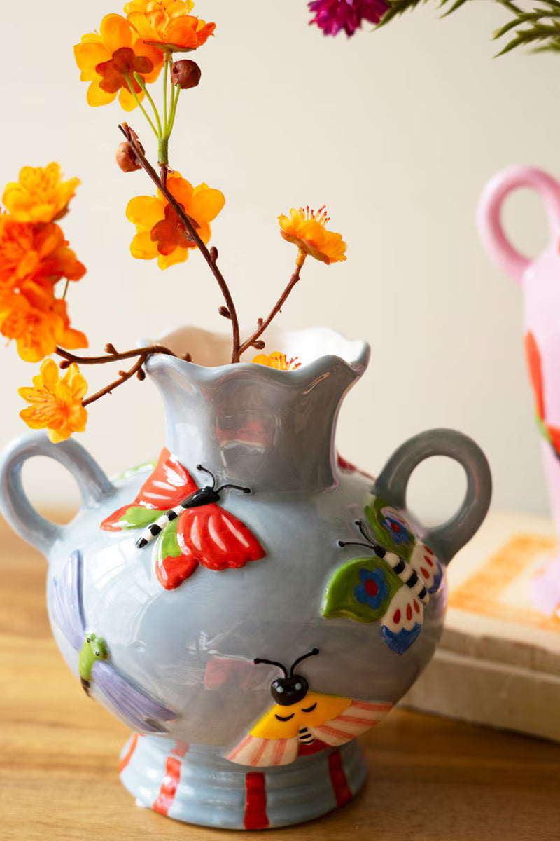 Set Of Two Ceramic Butterfly And Moth Vases By Kalalou
