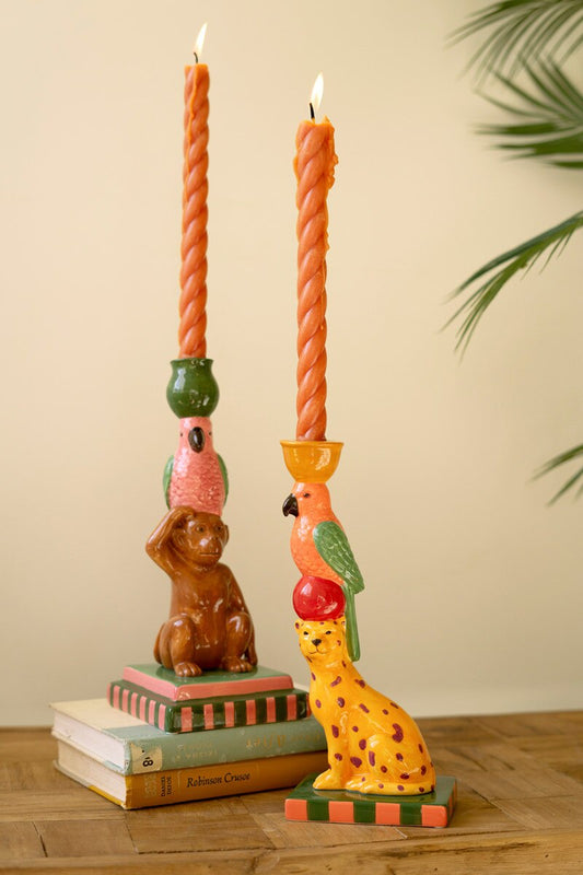 Set Of Two Ceramic Cheetah And Monkey Taper Candle Holders By Kalalou