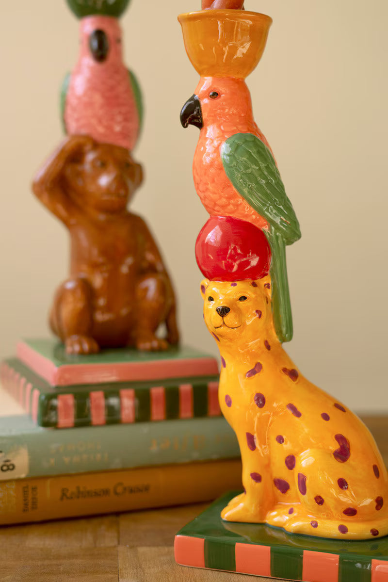 Set Of Two Ceramic Cheetah And Monkey Taper Candle Holders By Kalalou