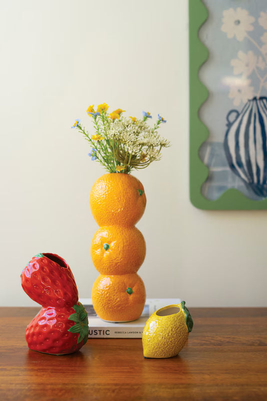 Set Of Three Ceramic Bud Vases - Orange, Strawberry And Lemon (Min 2) By Kalalou