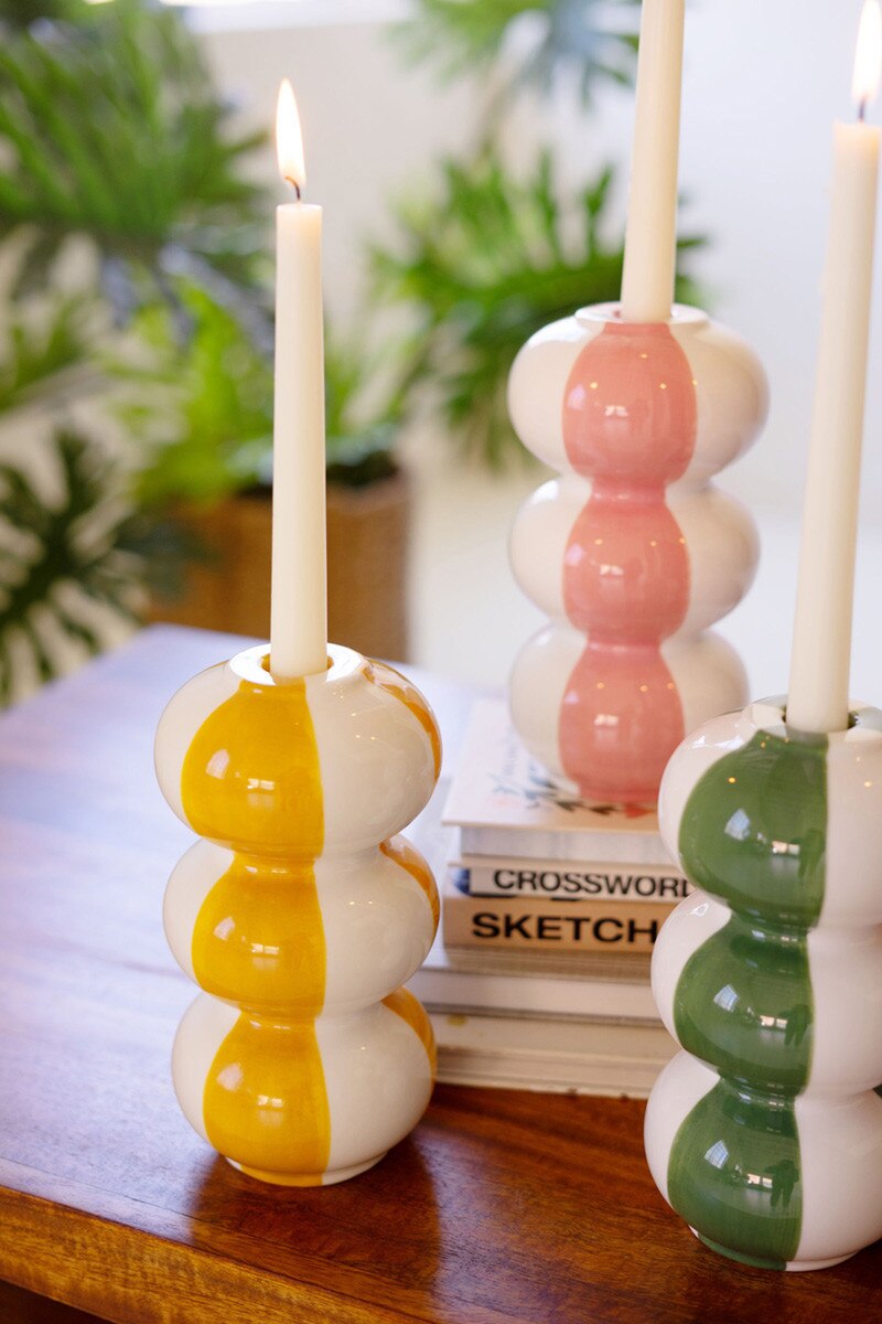 Set Of Four Ceramic Striped Taper Candle Holders By Kalalou