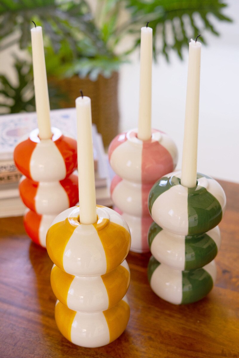 Set Of Four Ceramic Striped Taper Candle Holders By Kalalou