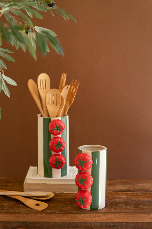 Set Of Two Ceramic Green Striped Vases With Tomatoes By Kalalou