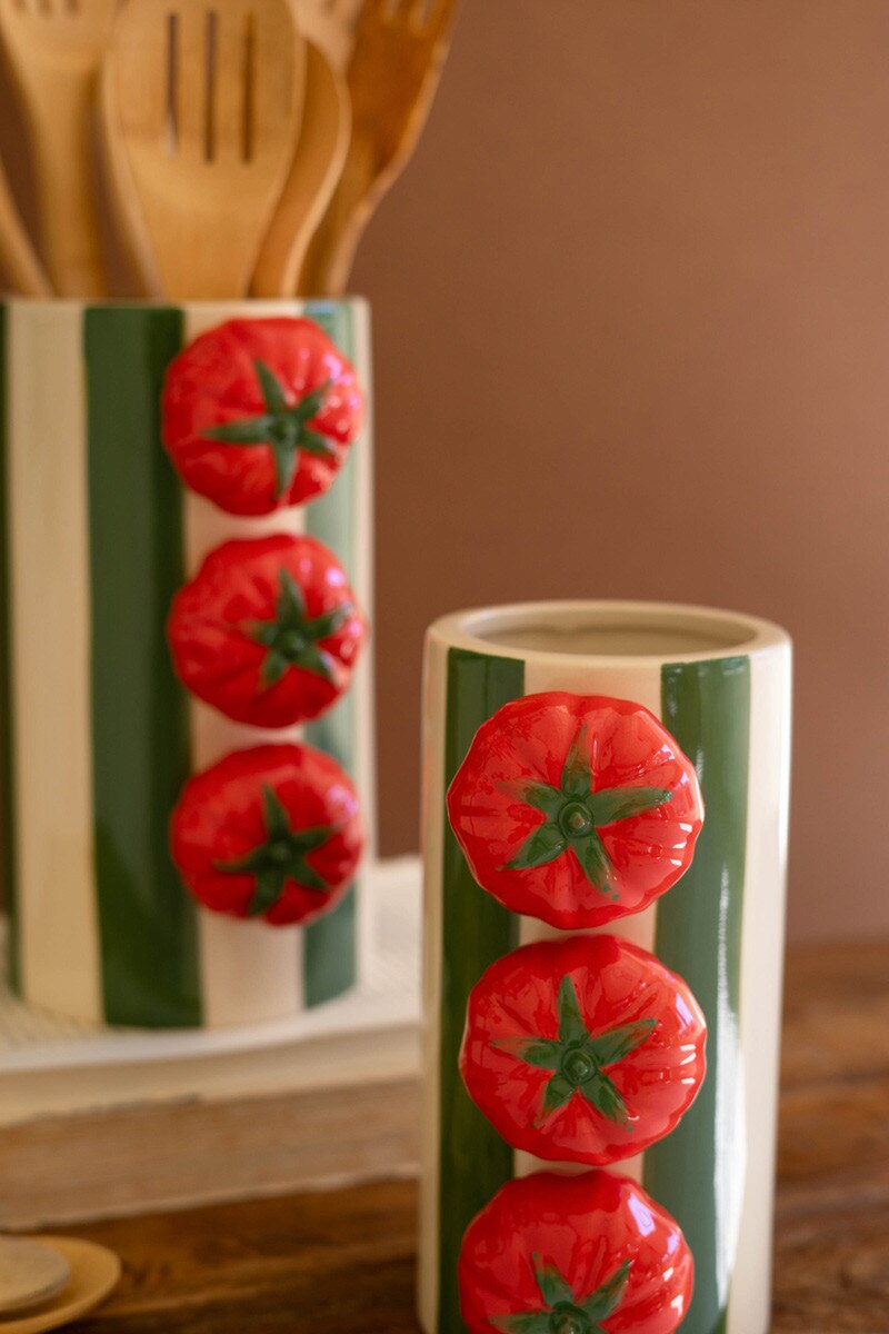 Set Of Two Ceramic Green Striped Vases With Tomatoes By Kalalou