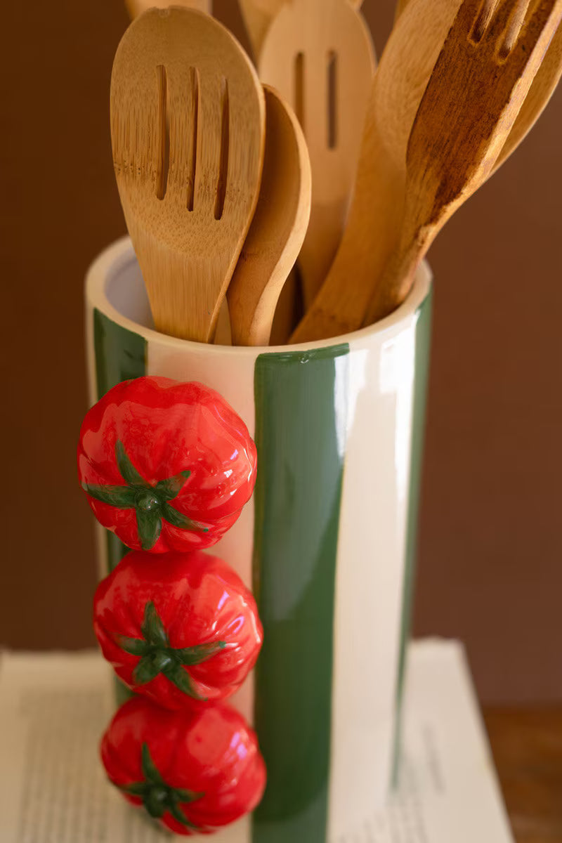 Set Of Two Ceramic Green Striped Vases With Tomatoes By Kalalou