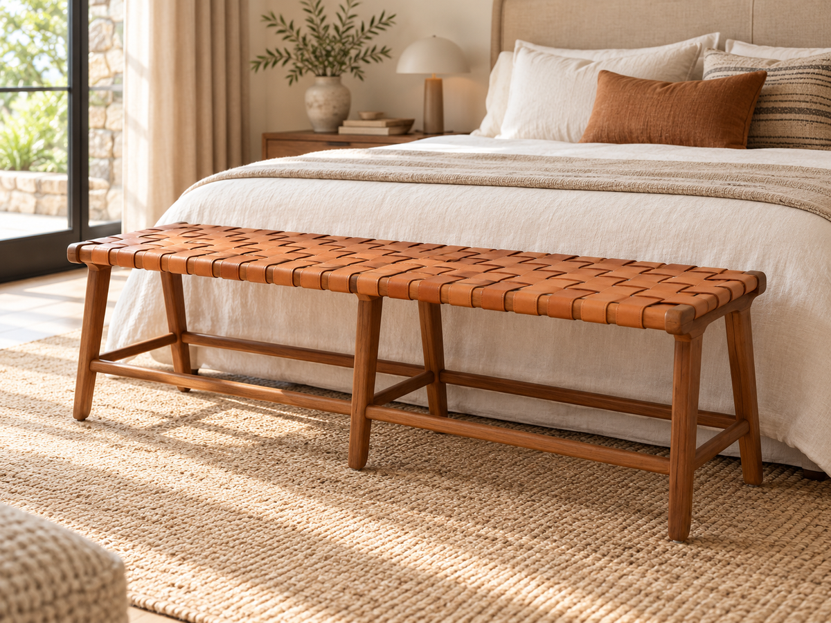 Leather Woven Bench  - Marlboro Leather & Teak Bench 4.4 feet-Multipurpose Entryway, Dining Room, End of the Bed