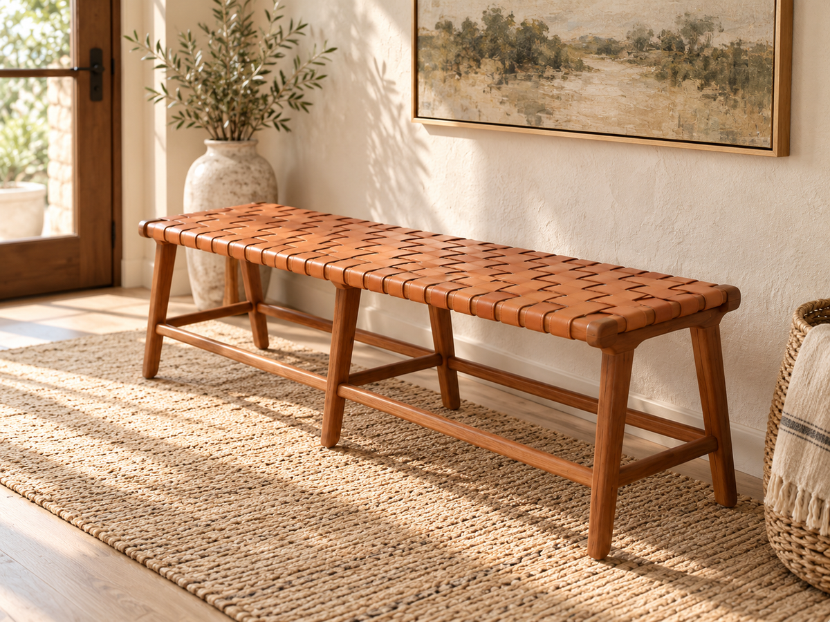 Leather Woven Bench  - Marlboro Leather & Teak Bench 4.4 feet-Multipurpose Entryway, Dining Room, End of the Bed