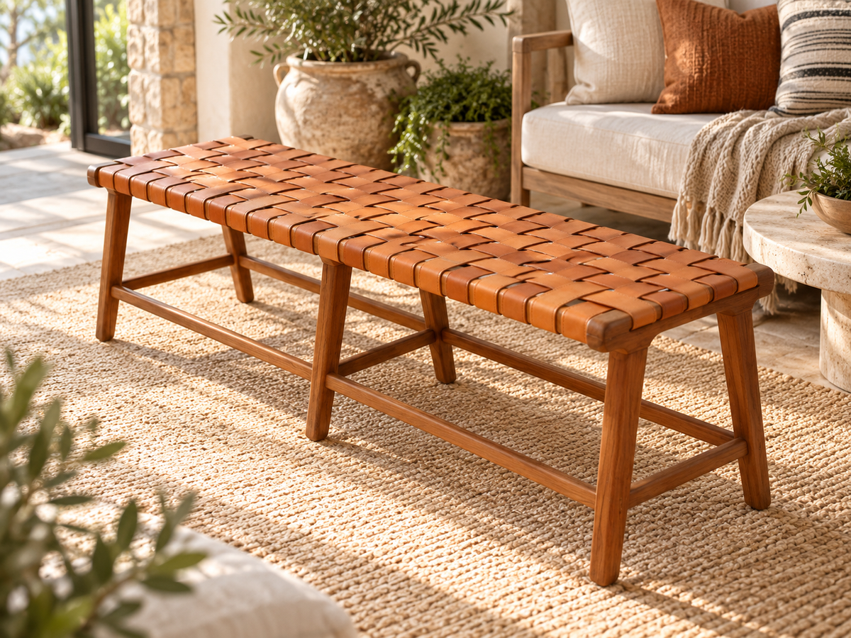 Leather Woven Bench  - Marlboro Leather & Teak Bench 4.4 feet-Multipurpose Entryway, Dining Room, End of the Bed