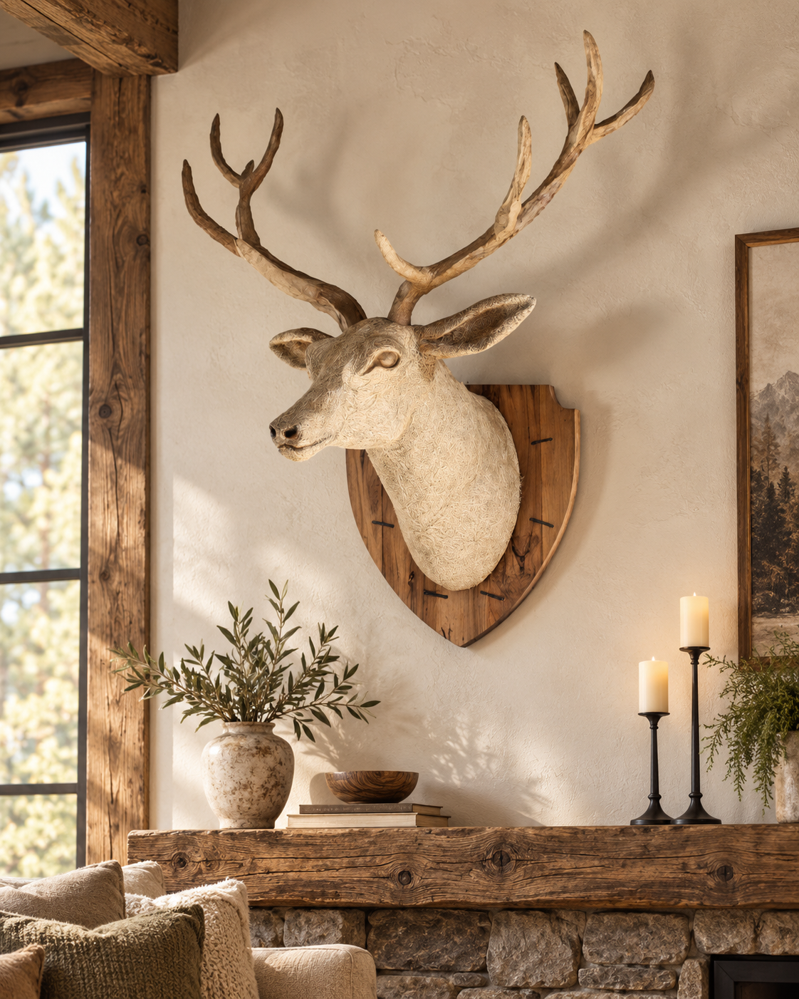 Driftwood Deer Head With Antlers- 4 ft x3 ft x 2 ft- Stag Trophy Head by Artisan Living