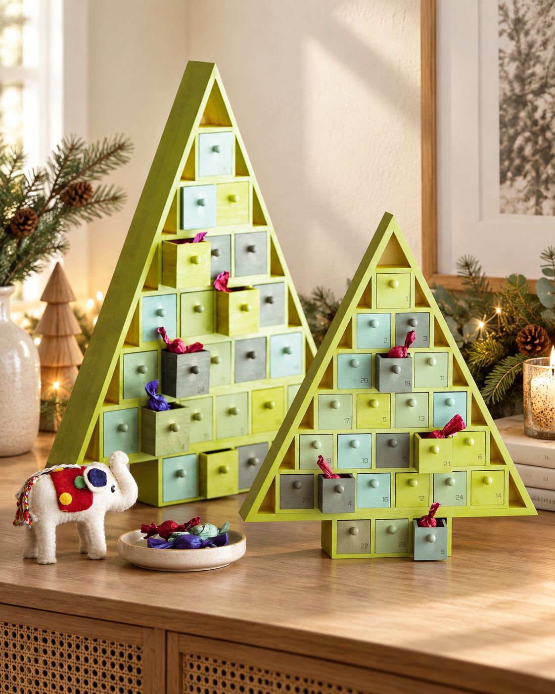 Green Advent Trees Wooden Storage