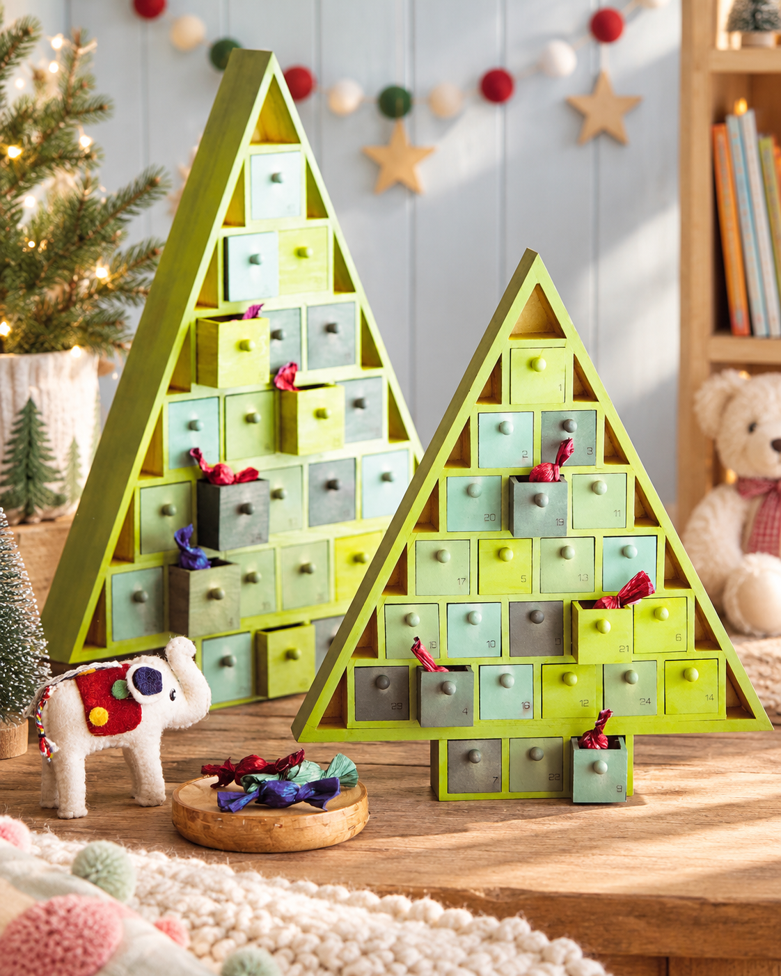 Green Advent Trees Wooden Storage